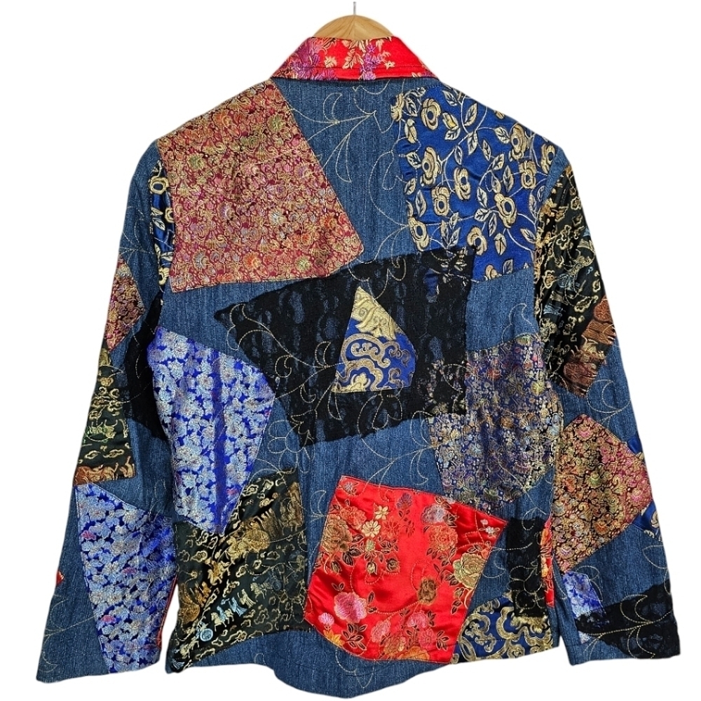 Chicos Patchwork Denim Jacket Womens Size Small Boho Jacquard Festival Vintage - Picture 8 of 16